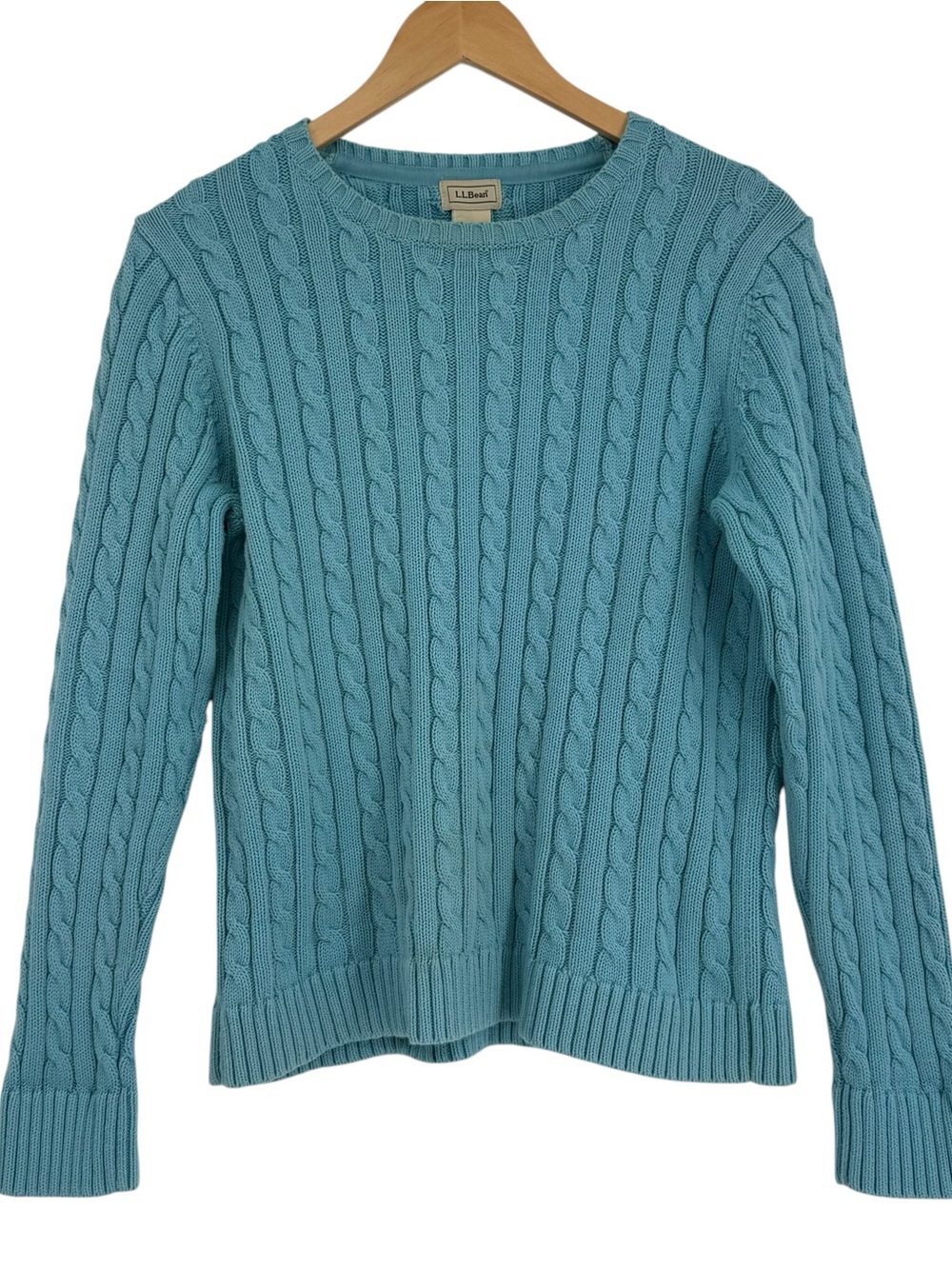 LL Bean Sweater Women Size M Crew Neck Blue Cotton Pullover Cable Knit